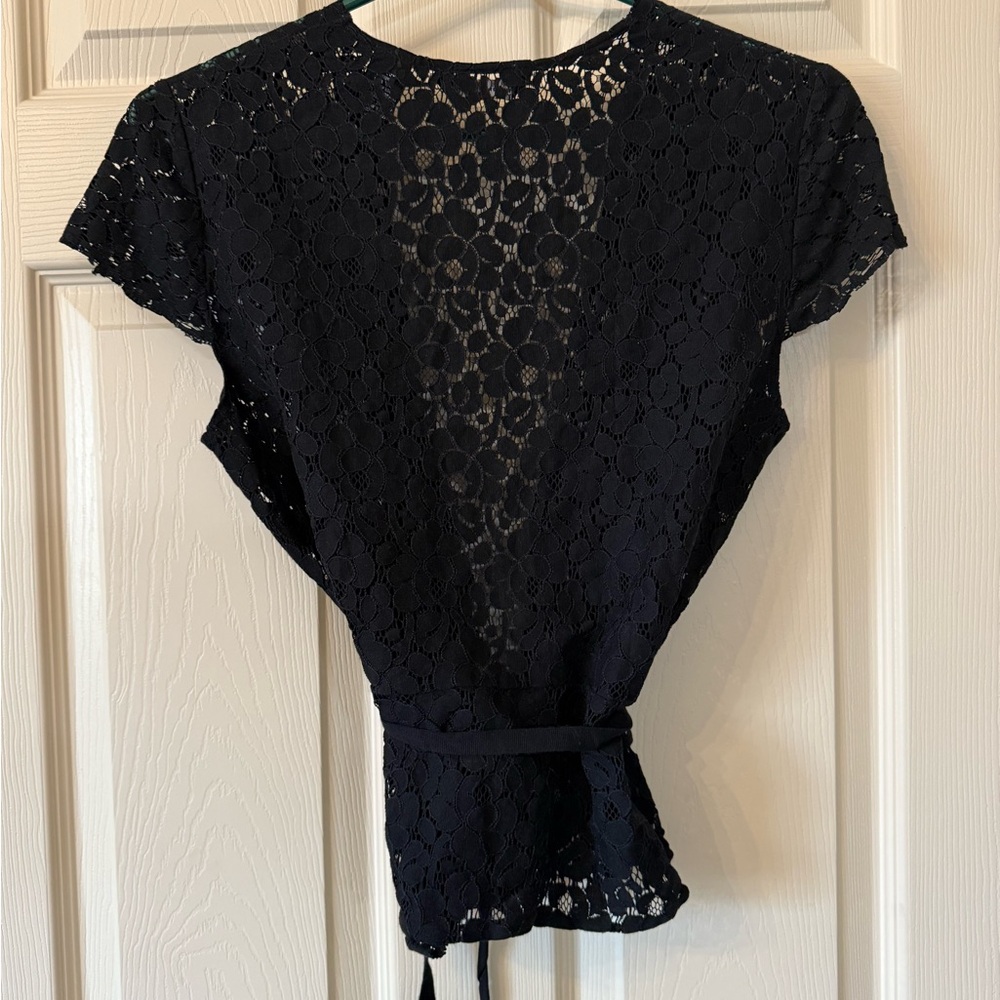 Black Cotton/Nylon Lace Tie Front Top New York Company Size S fits XS